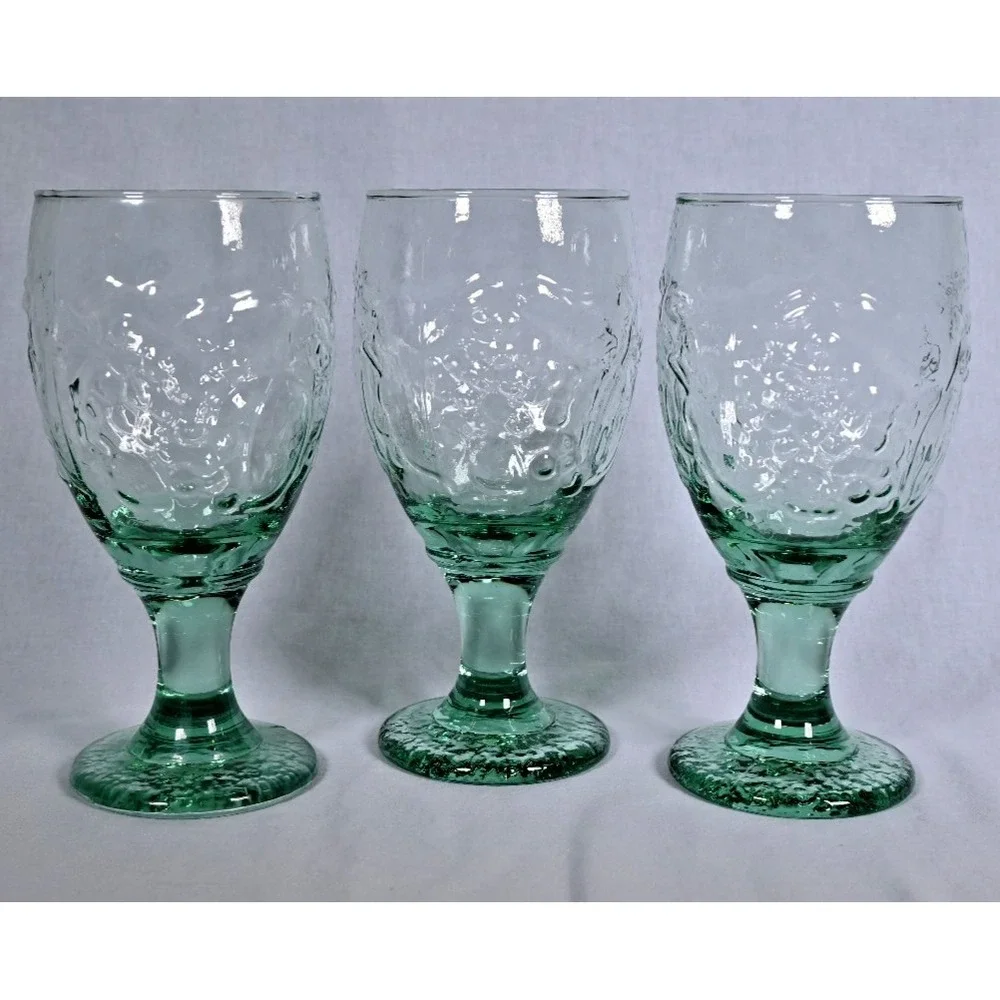 Set of 3 Vintage Libbey Spanish Green Orchard Fruit Goblets 16 oz Glass